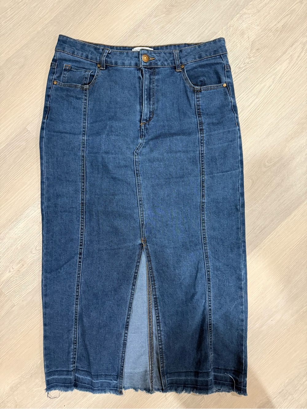 Rachel Zoe Dark Blue Straight-Leg Denim Midi Skirt with Front Slit